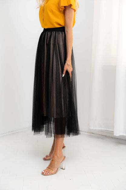 Idylla - Fusta midi eleganta din tulle cu elastic in talie, negru