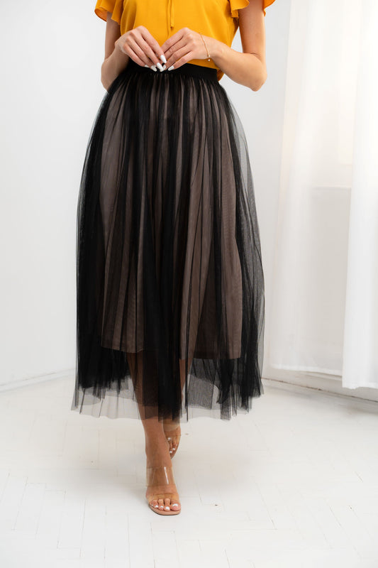 Idylla - Fusta midi eleganta din tulle cu elastic in talie, negru
