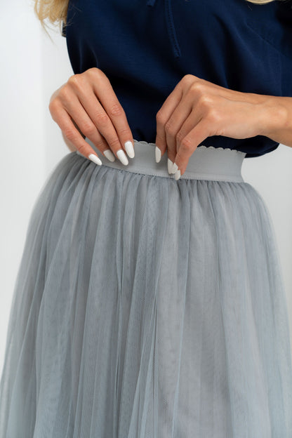 Idylla - Fusta midi eleganta din tulle cu elastic in talie, albastru gri, marime unica