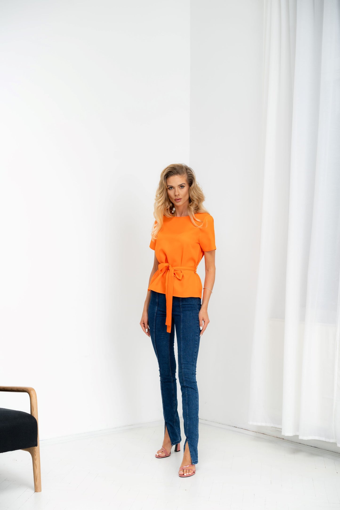 Atena - tricou elegant uni cu cordon in talie, orange