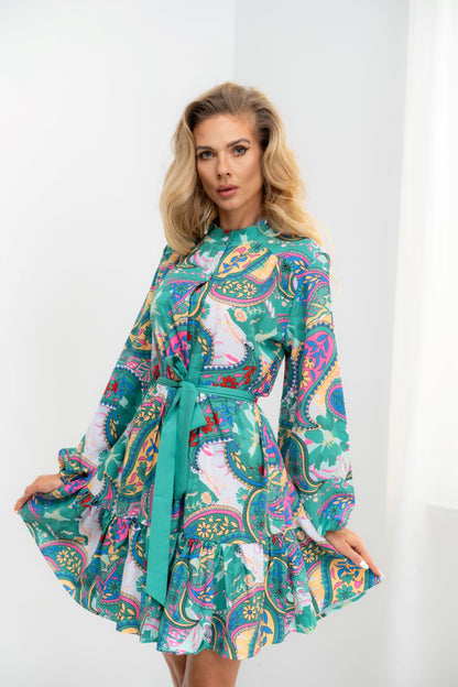 Malibu - rochie model paisley maneca lunga bufanta, verde