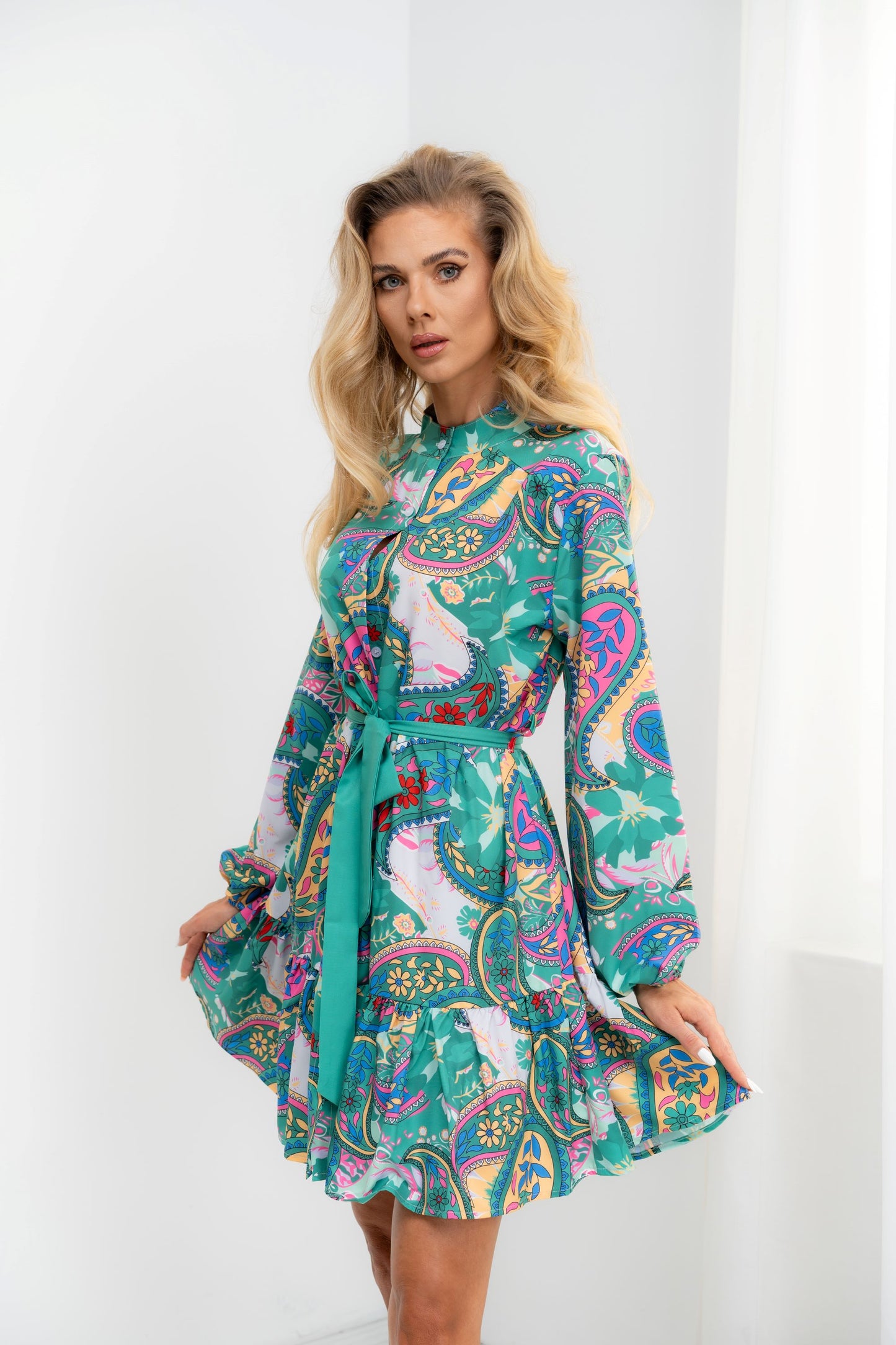 Malibu - rochie model paisley maneca lunga bufanta, verde