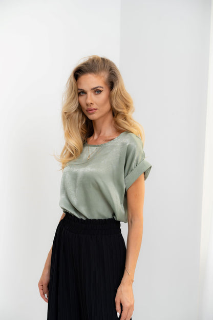 Artemis - bluza satin cu insertii aurii, verde army