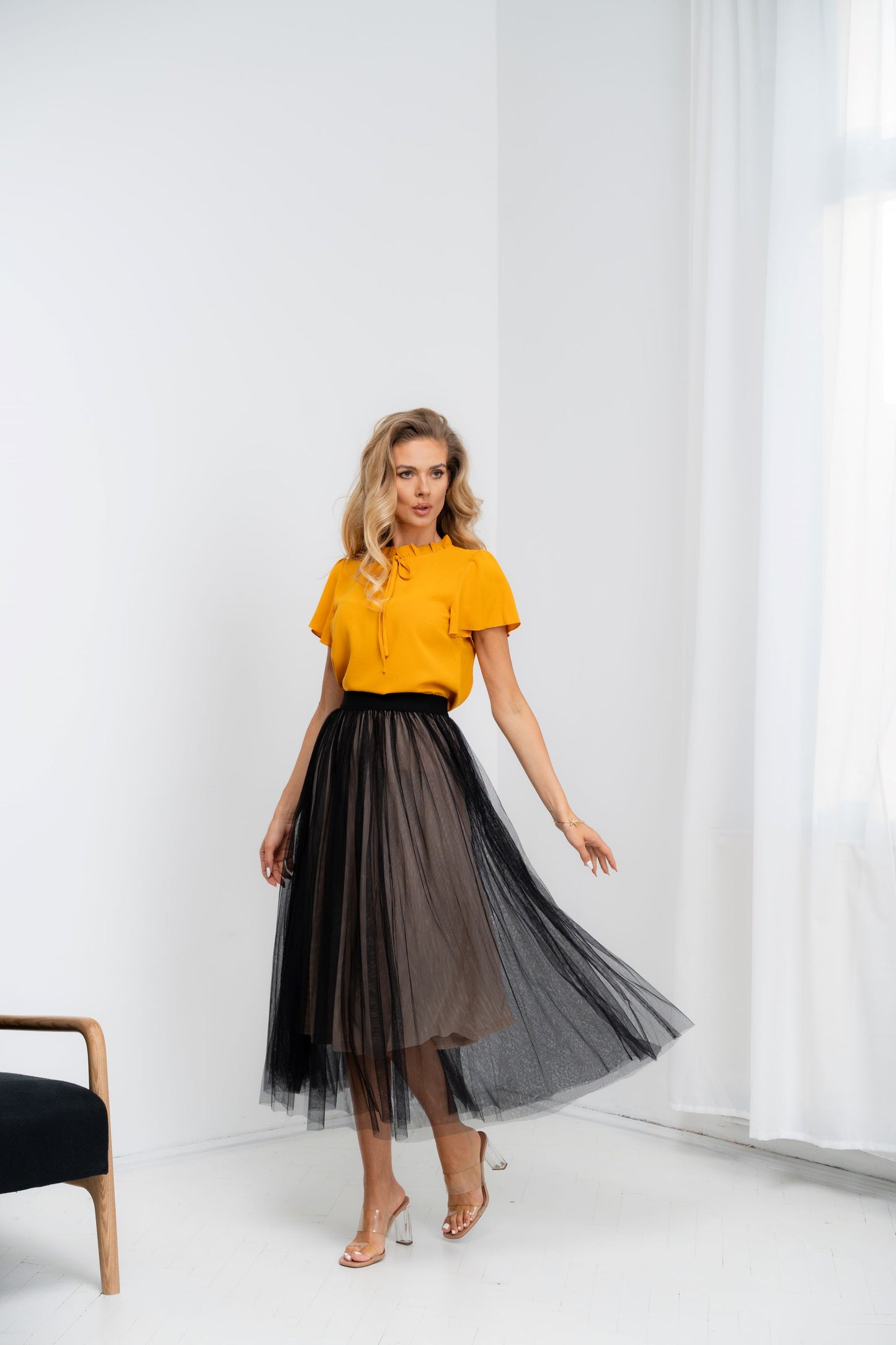 Idylla - Fusta midi eleganta din tulle cu elastic in talie, negru