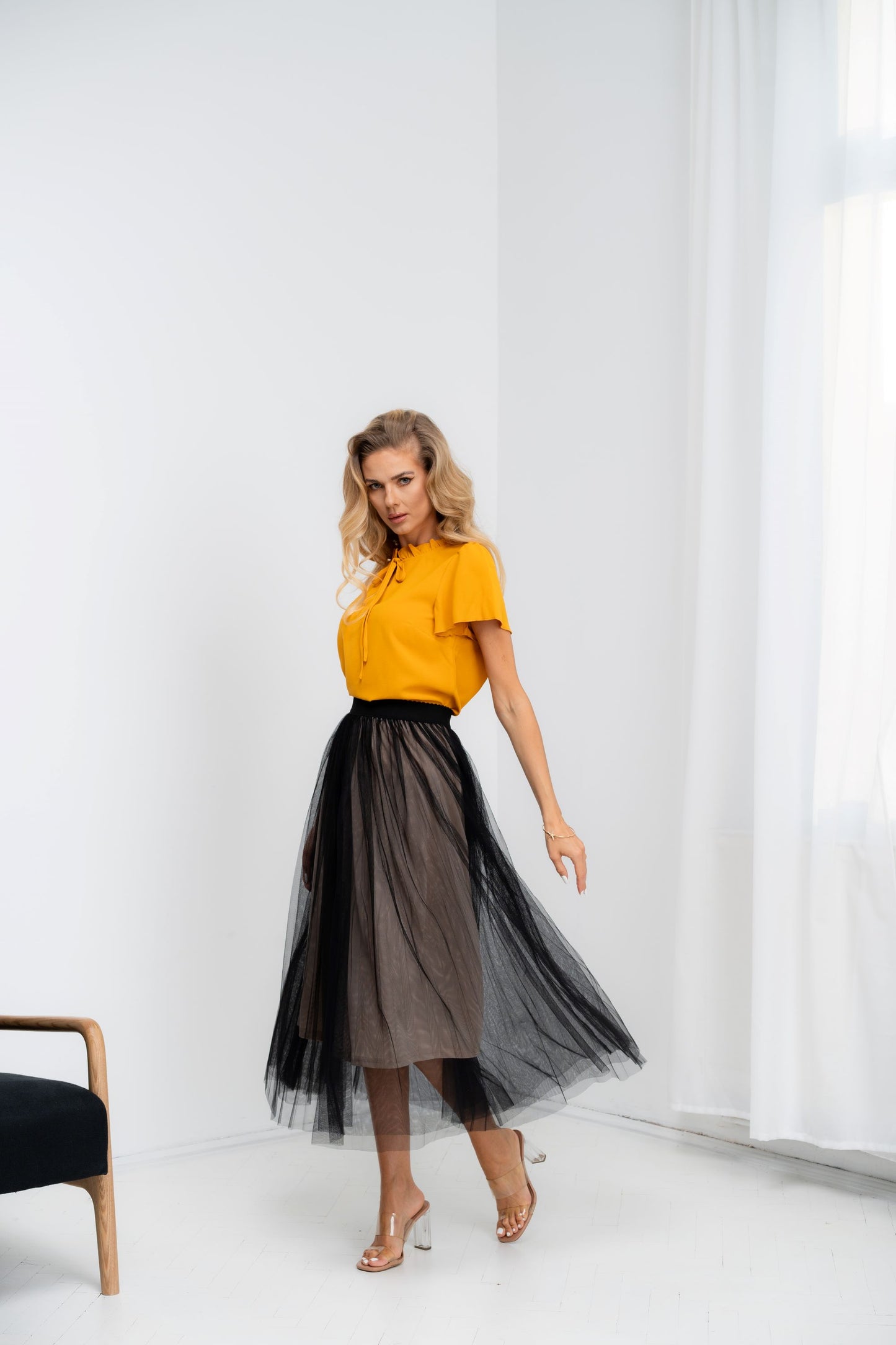 Idylla - Fusta midi eleganta din tulle cu elastic in talie, negru