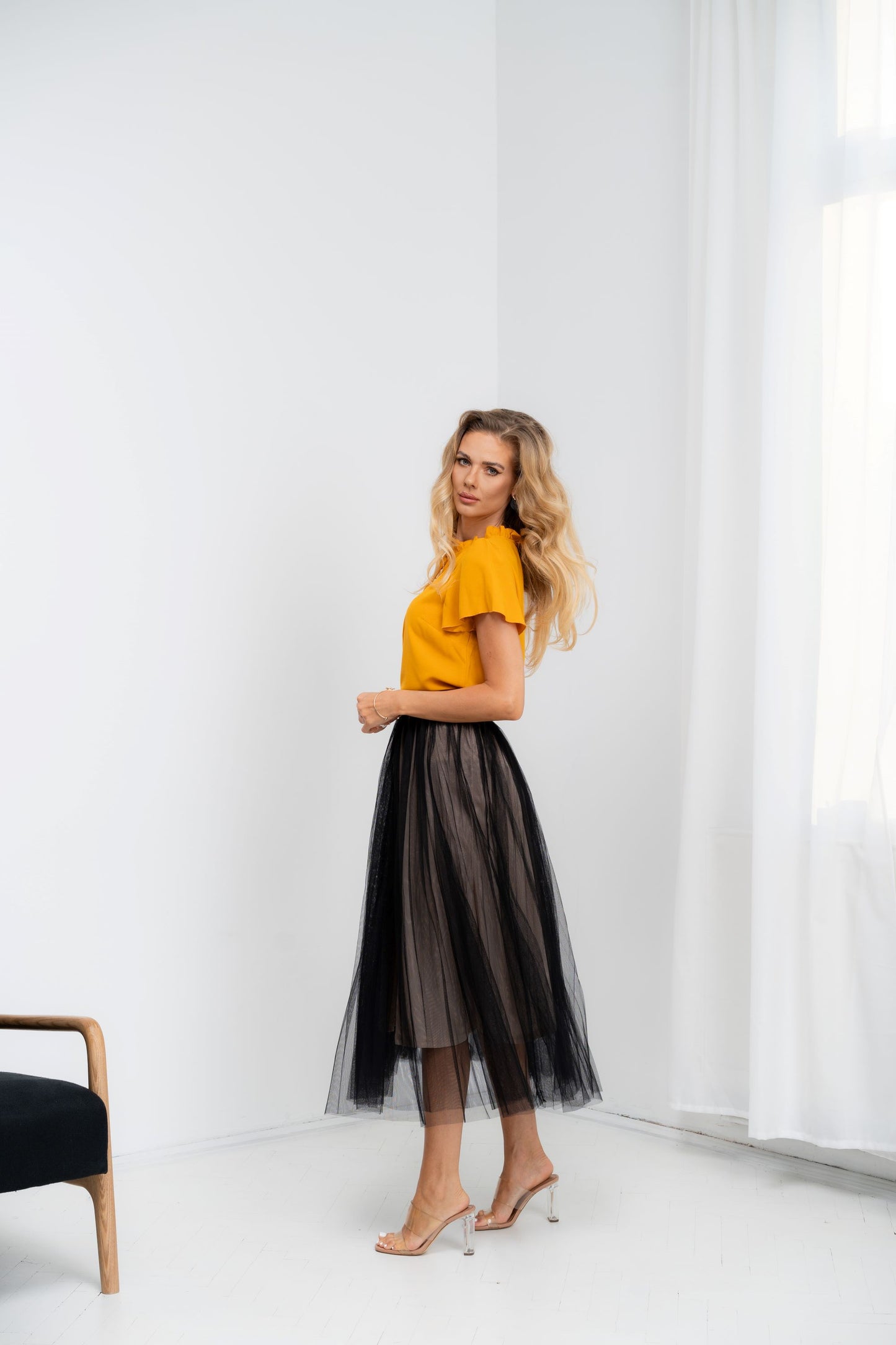 Idylla - Fusta midi eleganta din tulle cu elastic in talie, negru