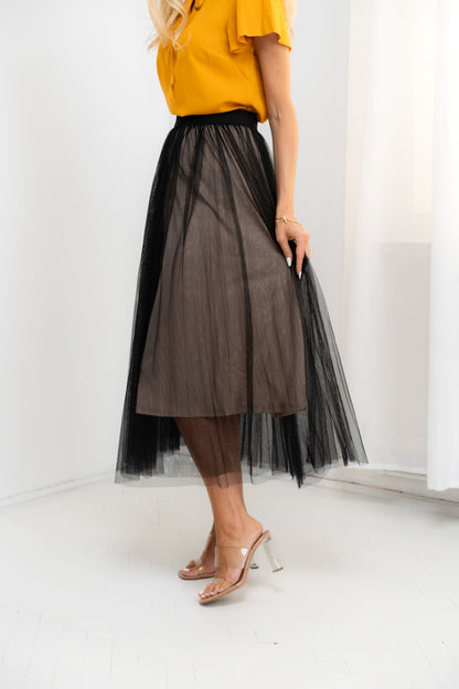 Idylla - Fusta midi eleganta din tulle cu elastic in talie, negru