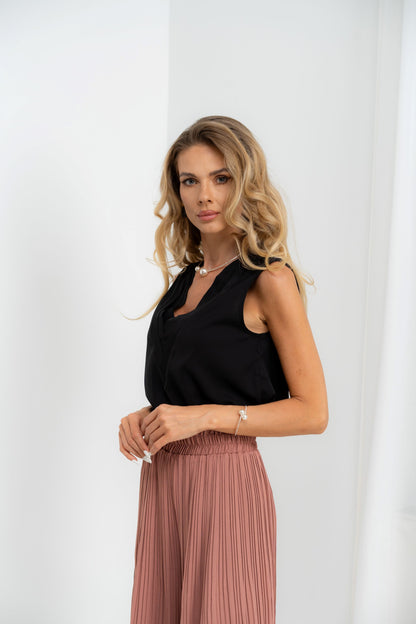 Chloe - bluza eleganta din satin fara maneca decolteu in V, negru