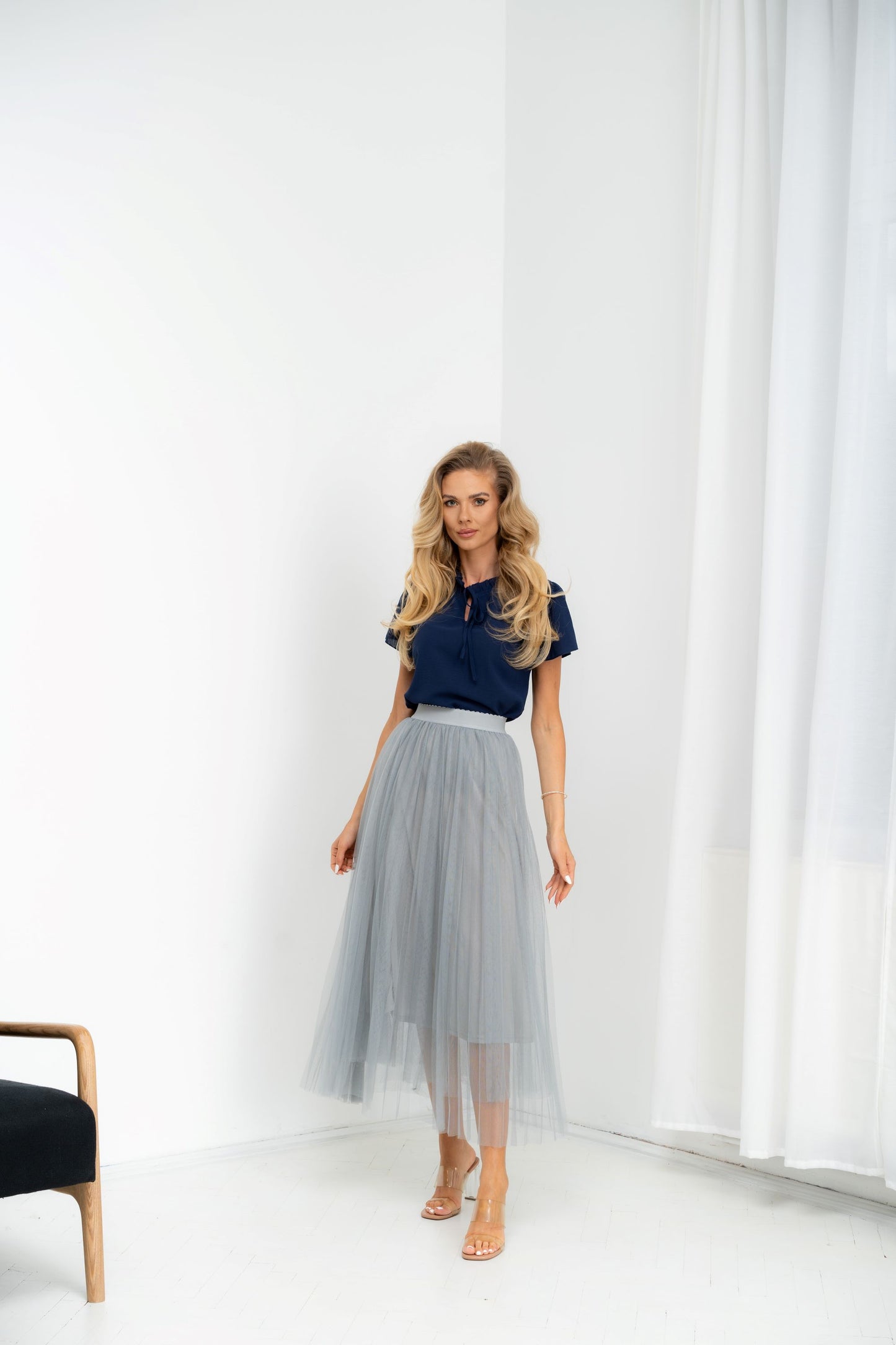 Idylla - Fusta midi eleganta din tulle cu elastic in talie, albastru gri, marime unica