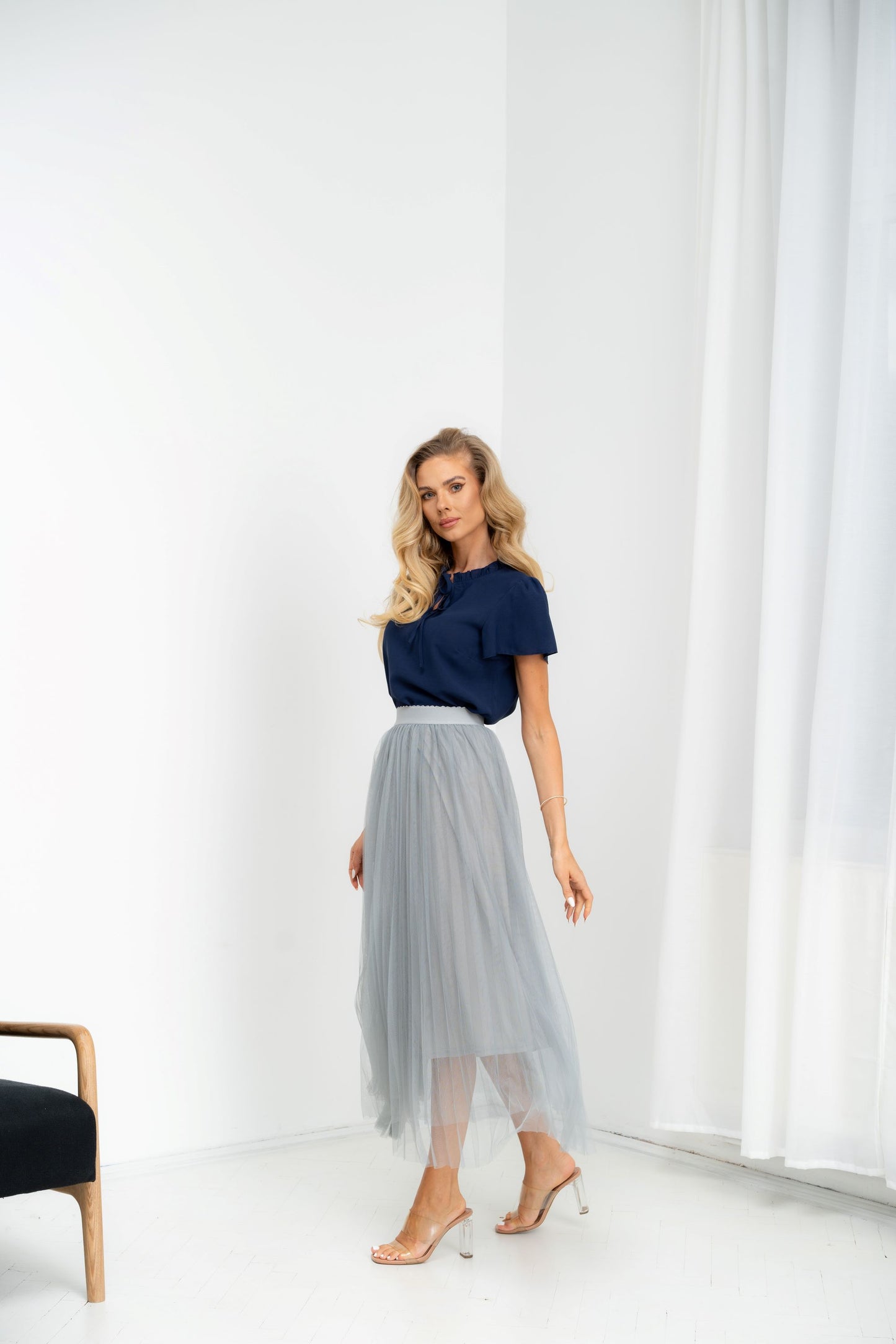 Idylla - Fusta midi eleganta din tulle cu elastic in talie, albastru gri, marime unica