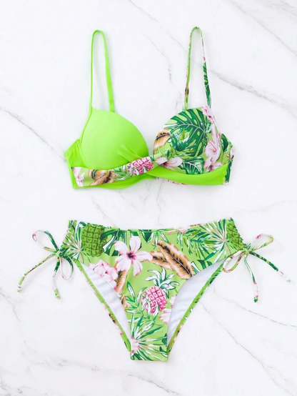 Caraibe - costum de baie 2 piese design tropical, verde fosforescent