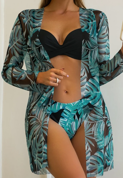 Maldive - costum de baie 3 piese design tropical, negru