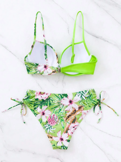 Caraibe - costum de baie 2 piese design tropical, verde fosforescent